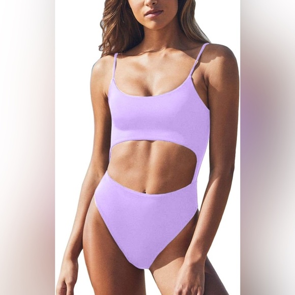 Meyeeka One Piece Swimsuit Scoop Neck Cut Out Front Lace Up Back High Cut - Picture 2 of 6